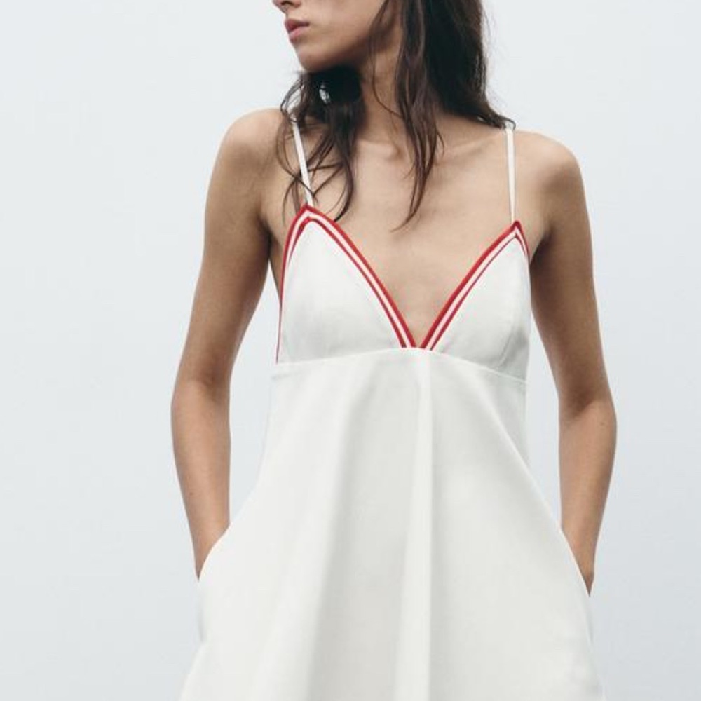 Zara White Slip Dress with Red Trim